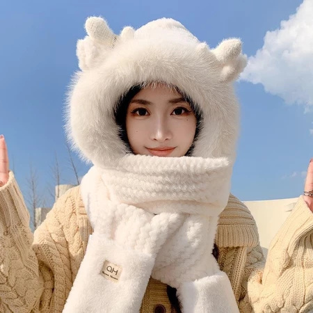 【熱銷免運】新款可愛帽子圍巾一體女冬季連帽圍脖加厚保暖毛絨三件套騎車 毛線帽 針織帽 毛帽 小熊造型 可愛毛帽